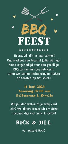 Uitnodiging bbq feest jubileum foto hartjes tuinfeest Achterkant