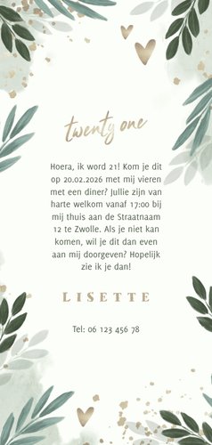Uitnodiging botanisch 'twenty one' met gouden hartjes Achterkant