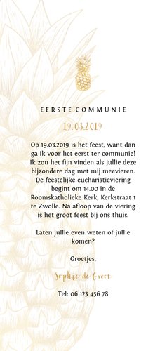 Uitnodiging communie gouden ananas langwerpig Achterkant