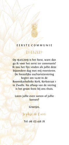 Uitnodiging communie gouden ananas langwerpig Achterkant