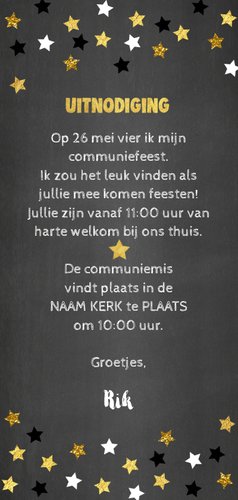 Uitnodiging communie krijtbord en sterren confetti Achterkant