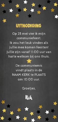 Uitnodiging communie krijtbord en sterren confetti Achterkant