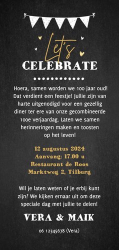 Uitnodiging diner party krijtbord illustratie goud samen 100 Achterkant