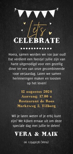 Uitnodiging diner party krijtbord illustratie goud samen 100 Achterkant