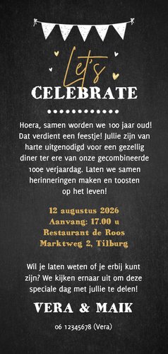 Uitnodiging diner party krijtbord illustratie goud samen 100 Achterkant