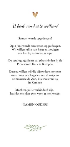 Uitnodiging doopdienst met kruis van botanische bladeren Achterkant