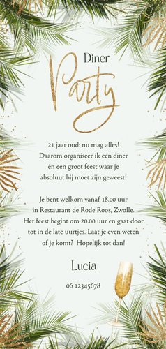 Uitnodiging etentje diner 21 goud botanisch foto Achterkant