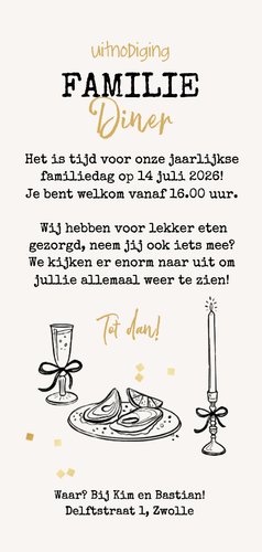Uitnodiging familiediner etentje familiedag doodle goud Achterkant