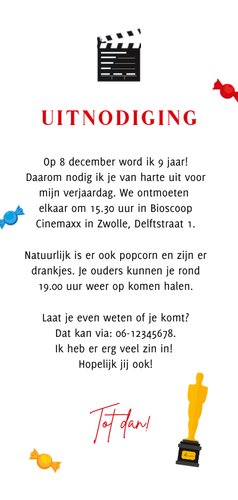 Uitnodiging film feestje bioscoop ticket foto popcorn Achterkant