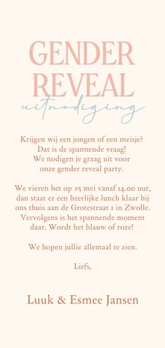 Uitnodiging gender reveal met pastelkleurige ballonnen  Achterkant