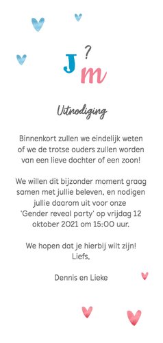 Uitnodiging gender reveal party waterverf jongen meisje Achterkant