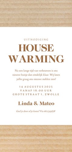 Uitnodiging housewarming met karton fotocollage Achterkant