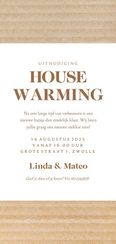 Uitnodiging housewarming met karton fotocollage Achterkant