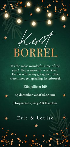 Uitnodiging kerstborrel groen langwerpig koperlook Achterkant