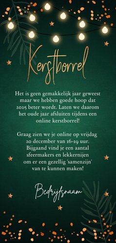 Uitnodiging kerstborrel groen langwerpig koperlook Achterkant