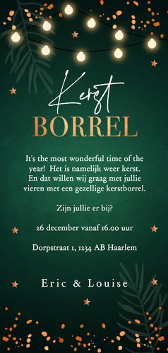 Uitnodiging kerstborrel groen langwerpig koperlook Achterkant