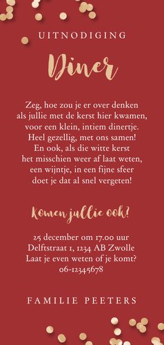 Uitnodiging kerstdiner ruitjes rood confetti goud Achterkant