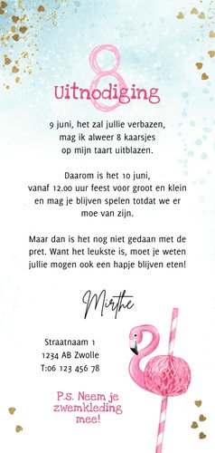 Uitnodiging kinderfeest zwemfeestje flamingo watercolour Achterkant