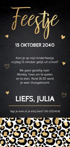 Uitnodiging kinderfeestje panterprint krijtbord goudlook Achterkant