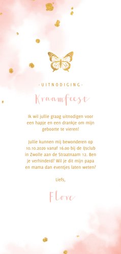 Uitnodiging kraamfeest gouden vlinder met waterverf Achterkant