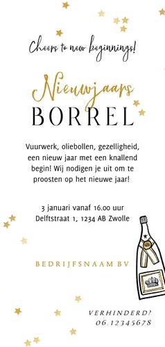 Uitnodiging nieuwjaarsborrel champagnefles goud kraft logo Achterkant