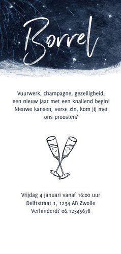 Uitnodiging nieuwjaarsborrel galaxy vuurwerk Achterkant
