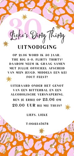 Uitnodiging 'Proud to be Fout' panterprint sterren goud 30 Achterkant