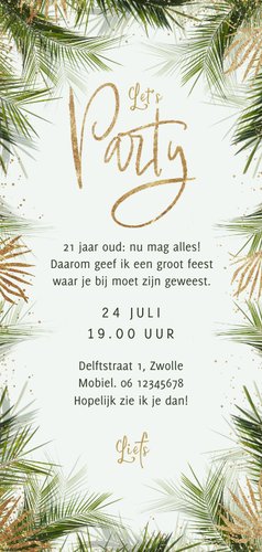 Uitnodiging tropisch feestje palmbomen foto zomer goud Achterkant
