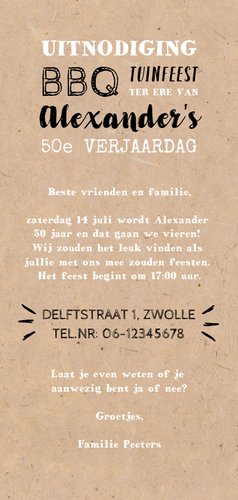 Uitnodiging tuinfeest/BBQ met illustraties op kraft papier Achterkant