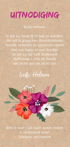  Uitnodiging verjaardag kraft met vrolijke bloemen en foto Achterkant