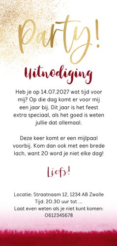 Uitnodiging verjaardag 'party!' watercolor goudlook spetter Achterkant