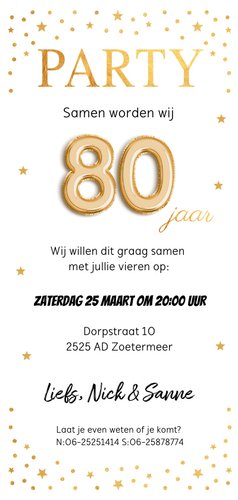Uitnodiging verjaardag samen 80 jaar goud confetti Achterkant