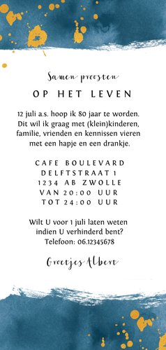 Uitnodiging verjaardag waterverf met goud spetters Achterkant