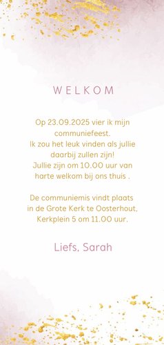 Uitnodiging voor communie met roze waterverf en goudspetters 3