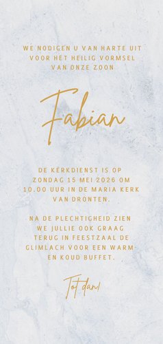 Uitnodiging vormsel foliedruk goud blauw marmer  Achterkant