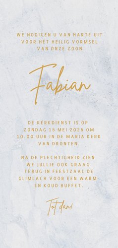 Uitnodiging vormsel foliedruk goud blauw marmer Achterkant