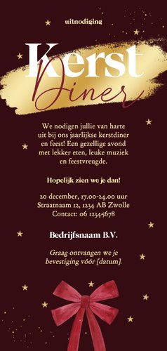 Uitnodiging zakelijk kerstdiner grote strik strepen goud Achterkant