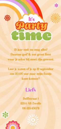 Uitnodigingskaart funky regenboog bloemen retro vibes Achterkant