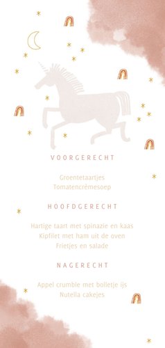 Unicorn en regenboogjes menukaart communie Achterkant