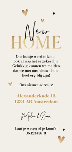 Verhuiskaart sleutel goud hartjes hip new home Achterkant