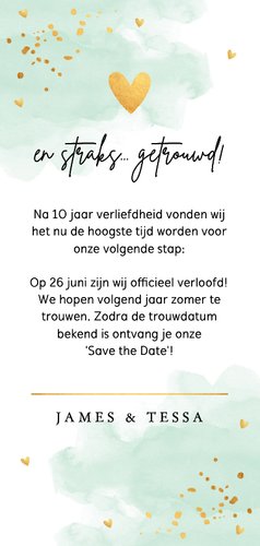 Verlovingskaart watercolour mintgroen goudlook Achterkant