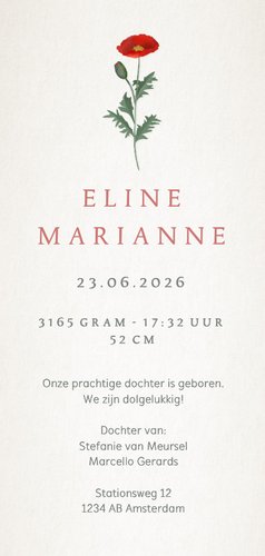 Vintage botanisch geboortekaartje met klaproos illustratie Achterkant