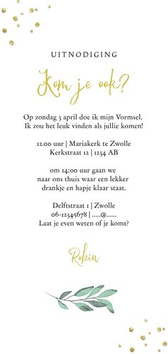 Vormsel uitnodiging kruis goud blaadje waterverf Achterkant