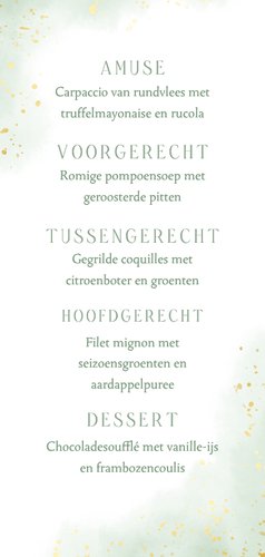 Waterverf menukaart huwelijk groen met goudfolie takje Achterkant