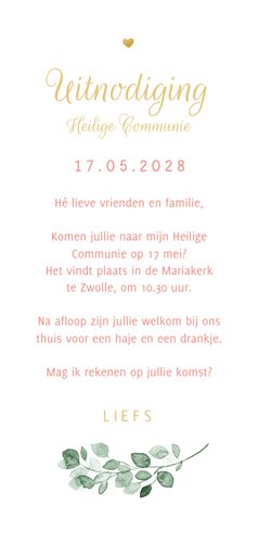 Waterverf save the date communie roze hartjes goud foto Achterkant