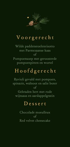 Wijn en menukaart winter bruiloft dennenbomen goud 3
