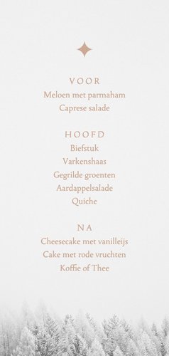 Winterse menukaart voor kerst foto besneeuwd bos Achterkant