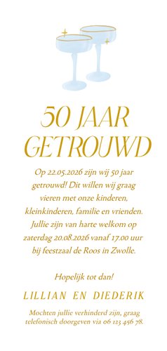 Witte uitnodiging jubileum met champagnetoren en sterren Achterkant