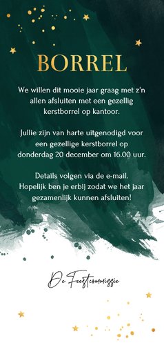 Zakelijke kerstborrel uitnodiging groen watercolour goudlook Achterkant