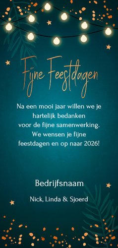 Zakelijke kerstkaart blauw jaartal 2026 lampjes koperlook Achterkant